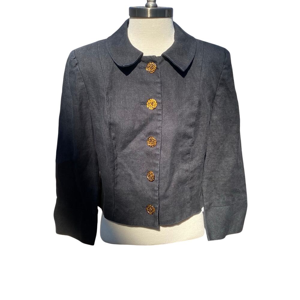 Vintage Kelly Graham Black Linen Cropped Cheetah Button Jacket Size 12